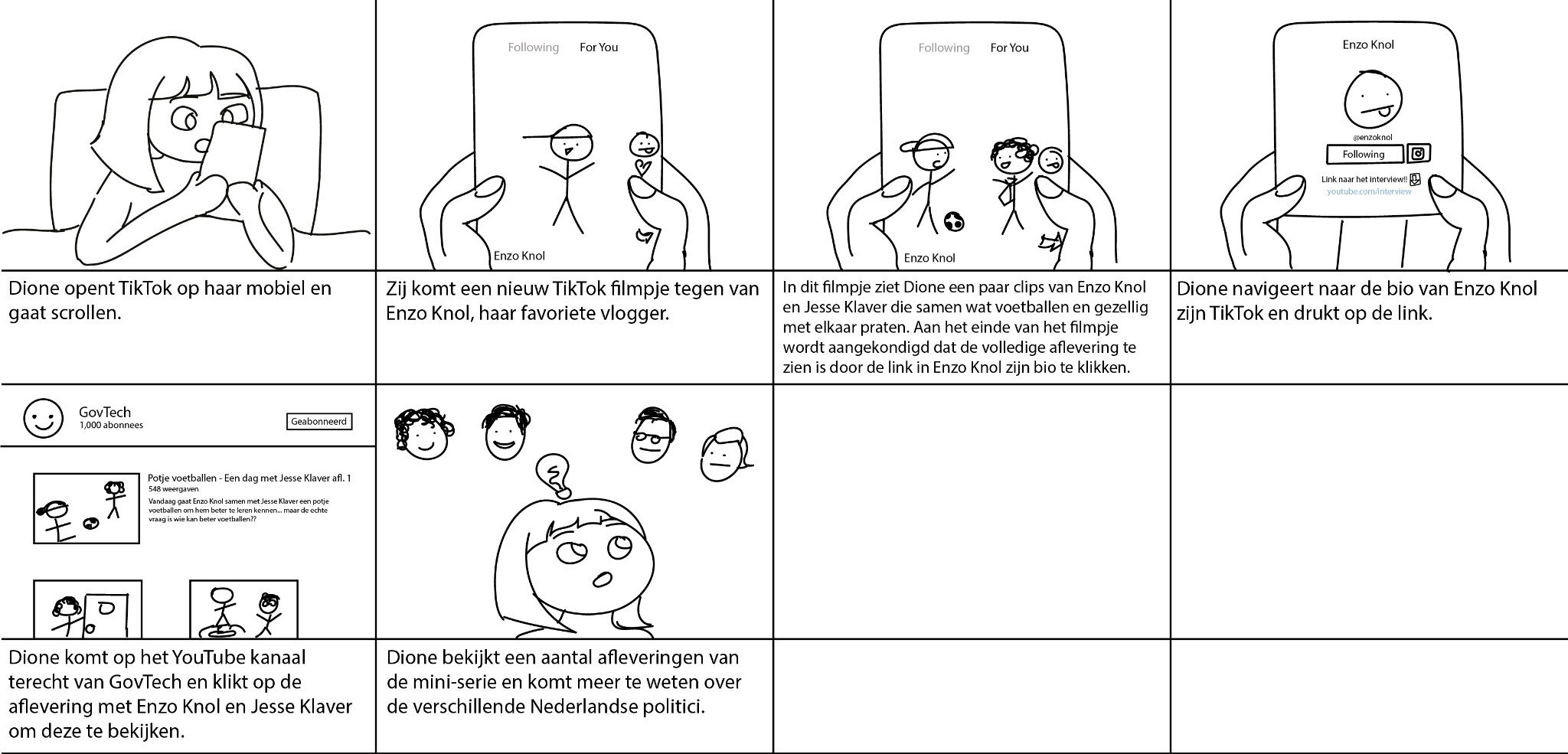 The storyboard: Dione scrolls TikTok, taps the link in the bio, lands on the GovTech YouTube channel and watches several episodes