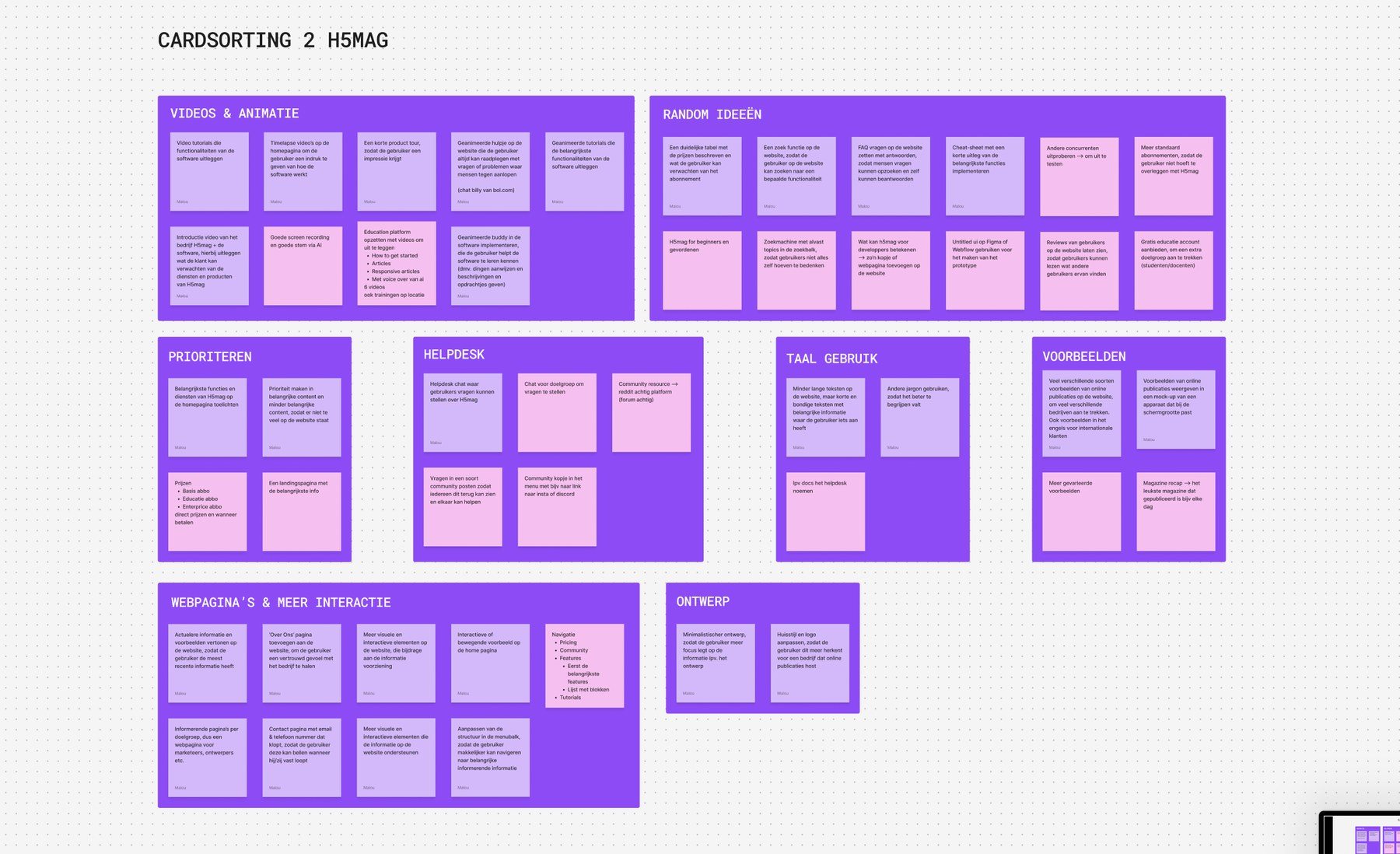 Second card sort of the H5mag ideas, merged into eight clusters