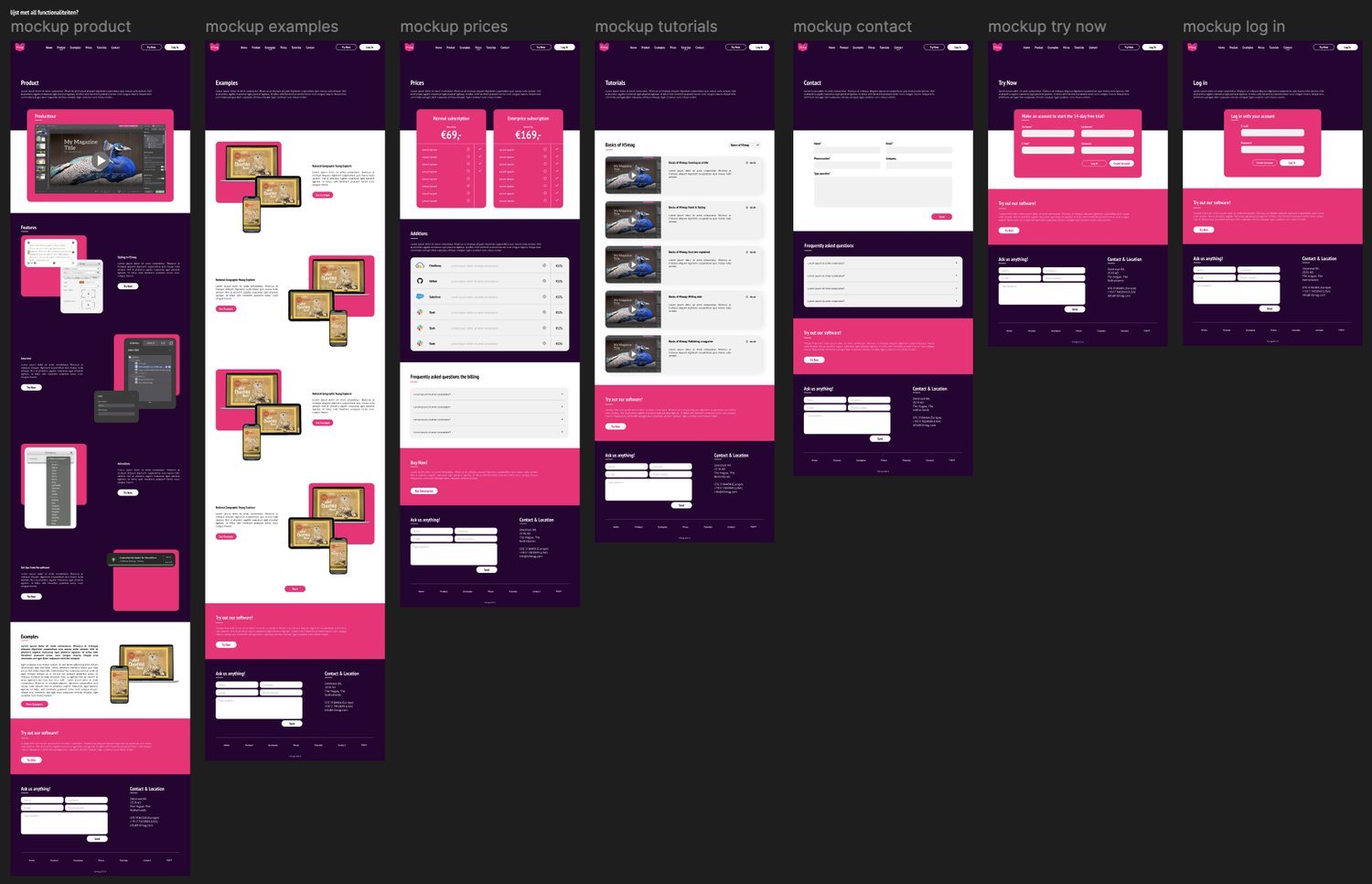 The seven redesigned H5mag pages: product, examples, prices, tutorials, contact, trial and log in