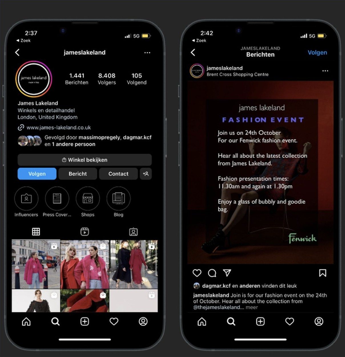 Two Instagram screens designed for James Lakeland
