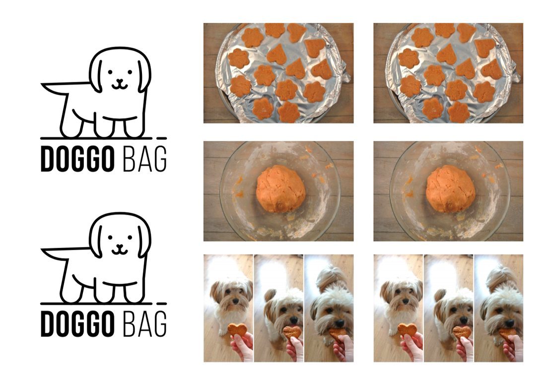 The Doggo Bag logo, the biscuits being baked and the dog eating one