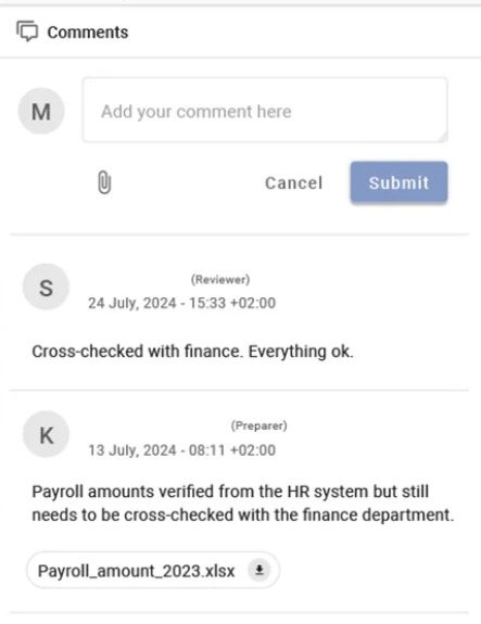 The Pillar2 comments panel, with a reviewer note and a preparer note that has an attached file