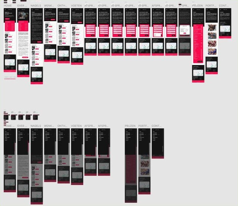 The full StarNails artboard with the colour designs above and the wireframes below